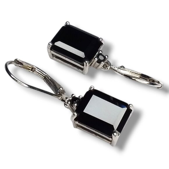 BBJ 925 Sterling Silver Dangle Earrings Black Onyx Emerald Cut Lever Backs - Picture 3 of 11